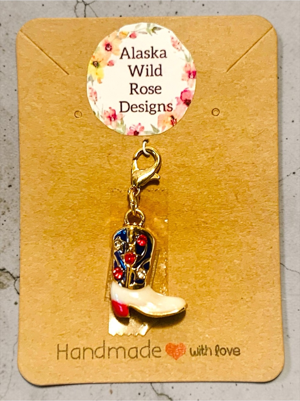 Gold-Tone Cream & Navy Cowboy Boot Key Charm with Red Accents Handmade - Picture 4 of 5